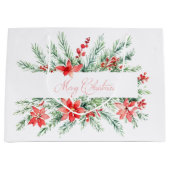 水色ポインセチアと緑のクリスマス ラージペーパーバッグ (正面)