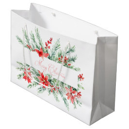 水色ポインセチアと緑のクリスマス ラージペーパーバッグ