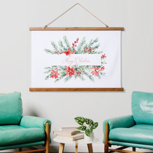 水色ポインセチアと緑のクリスマス 吊り下げ型タペストリー (リビング)