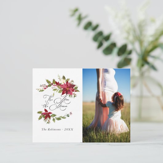 水色ポインセチアのクリスマス期待ベビー 案内ポストカード (スタンド正面)