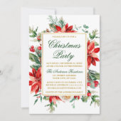水色ポインセチアフローラ金ゴールドクリスマスパーティー 招待状 (正面)