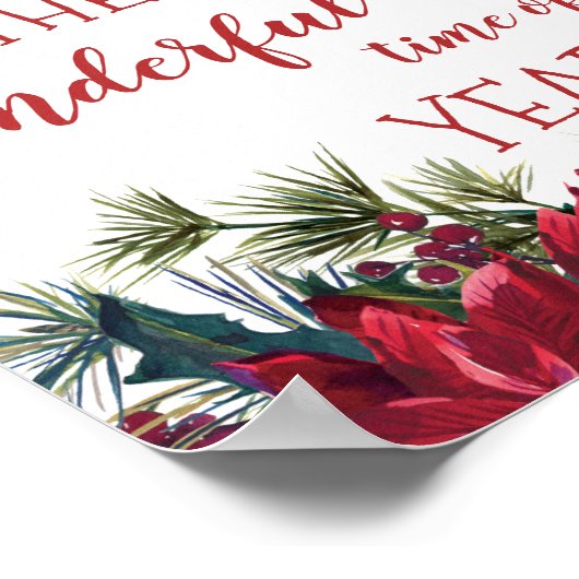 水色ポインセチア、ホリー、松のクリスマス ポスター (角)