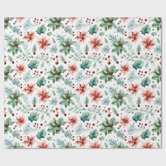 水色ポインセティアスとベリーのクリスマス ラッピングペーパー (フラット)