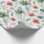 水色ポインセティアスとベリーのクリスマス ラッピングペーパー (角)