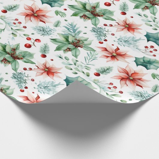 水色ポインセティアスとベリーのクリスマス ラッピングペーパー (角)