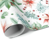 水色ポインセティアスとベリーのクリスマス ラッピングペーパー (ロールコーナー)