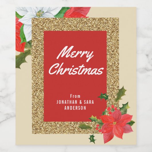 水色ポインセティアスフェイクグリッター金ゴールドクリスマス ワインラベル (シングルラベル)