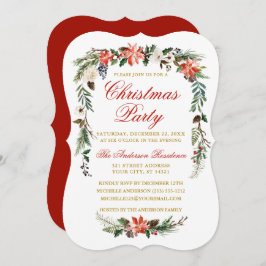 水色ポインセティアレッド金ゴールドクリスマスパーティー 招待状