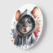 水色マウスのグレーフード付きスウェットシャツスプラッシュアート ラージ壁時計 (傾斜)