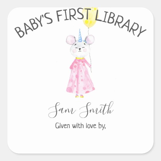 水色マウス – 蔵書票ラベル スクエアシール (正面)