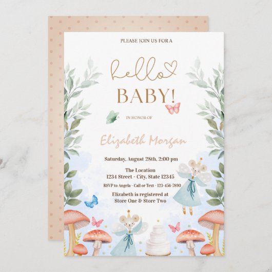 水色マッシュルーム蝶ドット赤ちゃんシャワー 招待状 (正面/裏面)