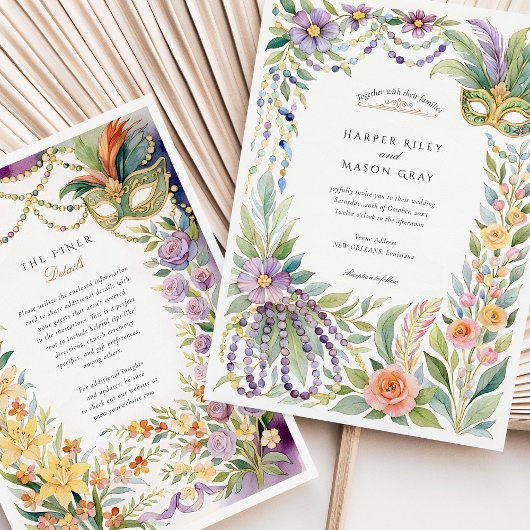 水色マルディグラスマスカレード結婚フローラ 招待状