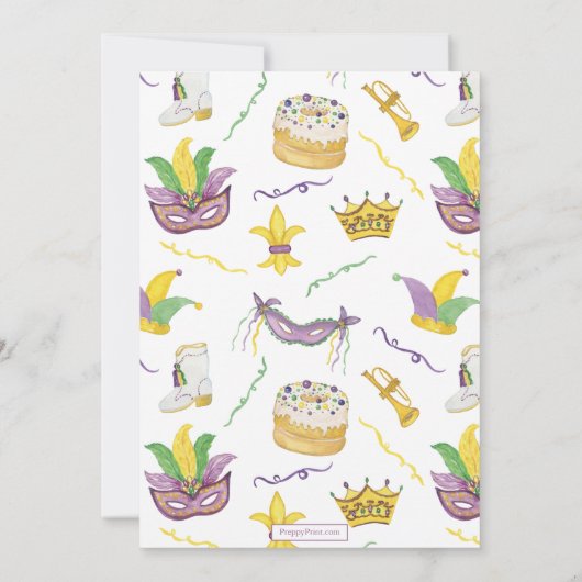 水色マルディグラスマスクキングケーキクラウンパーティー 招待状 (裏面)