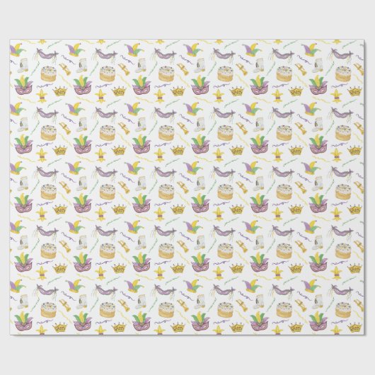 水色マルディグラスマスクキングケーキクラウン ラッピングペーパー (フラット)