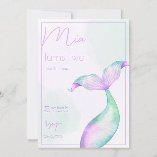 水色マーメイドテールマーメイドシーガールズ誕生日 招待状 (正面)