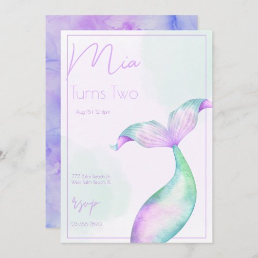 水色マーメイドテールマーメイドシーガールズ誕生日 招待状 (正面/裏面)