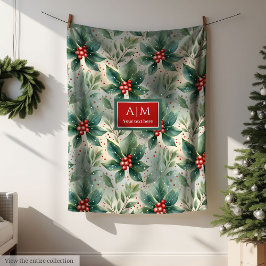 水色ミュート色ホリーベリーのクリスマス フリースブランケット