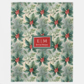 水色ミュート色ホリーベリーのクリスマス フリースブランケット (正面)