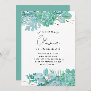 水色ミントフローラ多糖化子供の誕生日 招待状