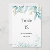 水色ミント緑の金ゴールドの葉のテーブル番号 招待状 (正面)