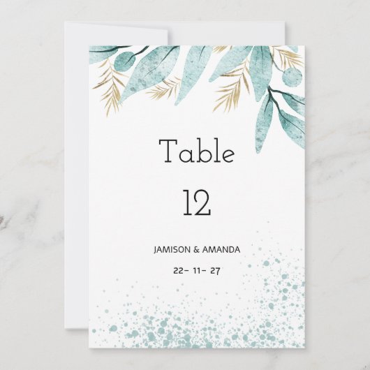 水色ミント緑の金ゴールドの葉のテーブル番号 招待状 (正面)