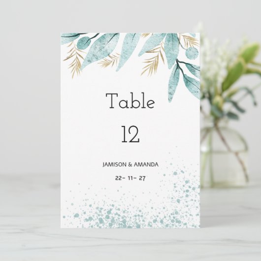 水色ミント緑の金ゴールドの葉のテーブル番号 招待状 (スタンド正面)
