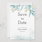 水色ミント緑の金ゴールドの葉の日付を保存 招待状 (正面)