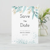 水色ミント緑の金ゴールドの葉の日付を保存 招待状 (スタンド正面)