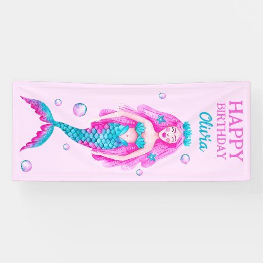 水色メルメイドのピンクとタコイズの誕生日 横断幕 (横)