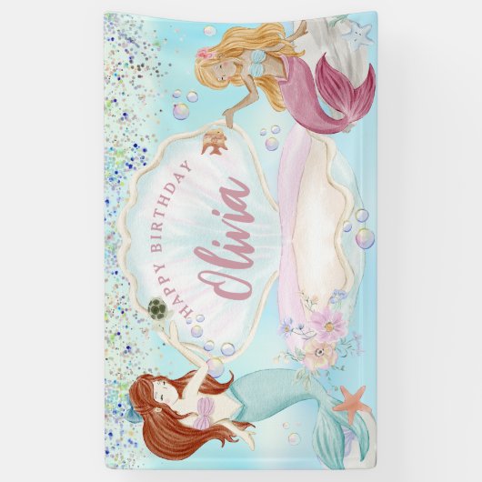 水色メルメイドアンダーザシーグリッター誕生日 横断幕 (縦)