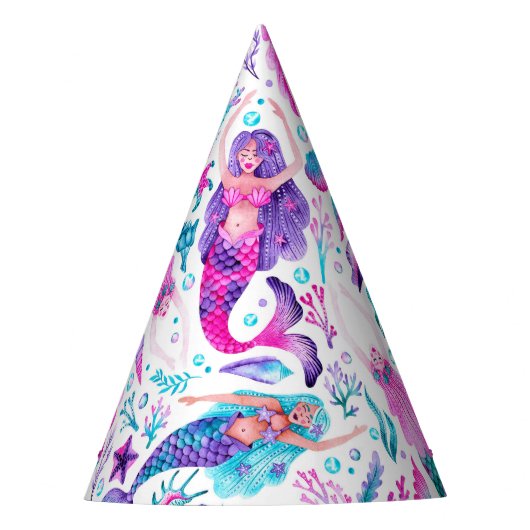 水色メルメイドシーシェル+ヒトデ誕生日 パーティーハット (正面)