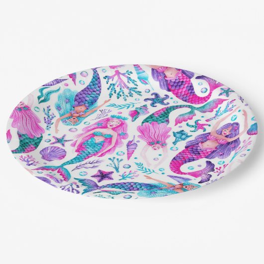 水色メルメイドシーシェル+ヒトデ誕生日 ペーパープレート (アングル)