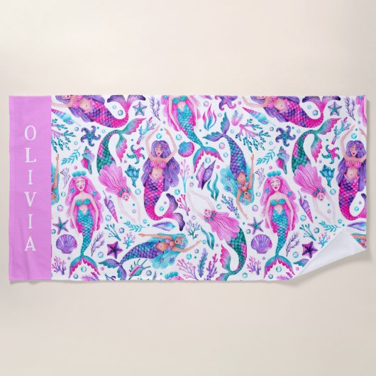 水色メルメイドシーシェル+ヒトデ ビーチタオル (正面)