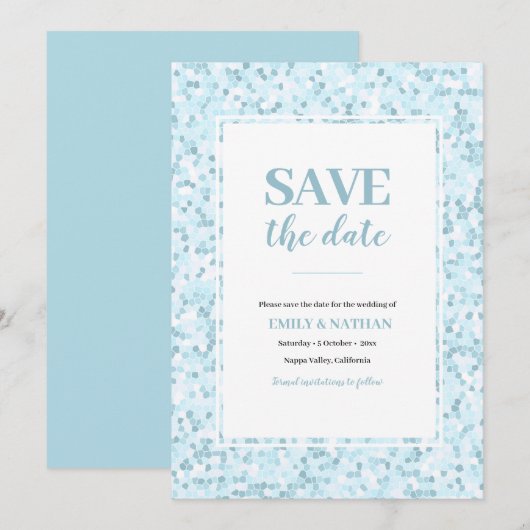 水色モザイクの「Save the date」招待状 招待状 (正面/裏面)