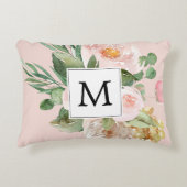 水色モダンピンクの花モノグラムの アクセントクッション (正面)