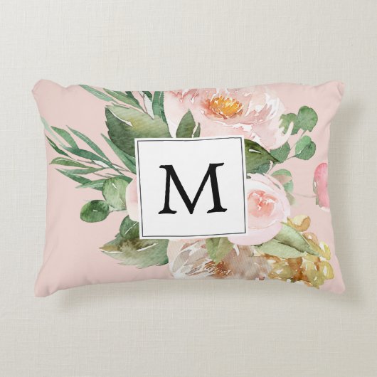 水色モダンピンクの花モノグラムの アクセントクッション (正面)