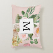水色モダンピンクの花モノグラムの アクセントクッション (正面(垂直))