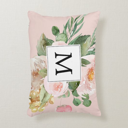 水色モダンピンクの花モノグラムの アクセントクッション (正面(垂直))