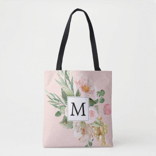 水色モダンピンクの花モノグラムの トートバッグ (正面)