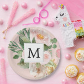 水色モダンピンクの花モノグラムの ペーパープレート (パーティー)