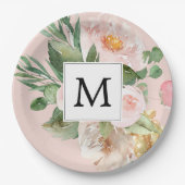 水色モダンピンクの花モノグラムの ペーパープレート (正面)