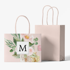 水色モダンピンクの花モノグラムの ラージペーパーバッグ