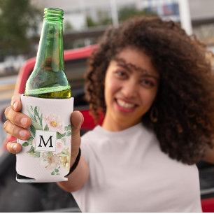 水色モダンピンクの花モノグラムの 缶クーラー