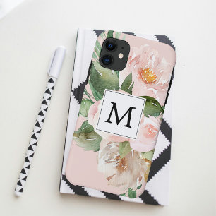 水色モダンピンクの花モノグラムの iPhone 11 ケース