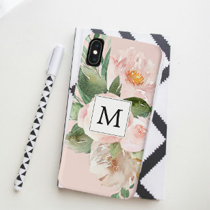 水色モダンピンクの花モノグラムの iPhone XS MAXケース