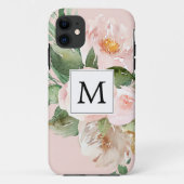 水色モダンピンクの花モノグラムの Case-Mate iPhoneケース (裏面)