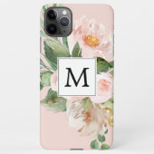 水色モダンピンクの花モノグラムの iPhoneケース (裏面)
