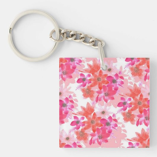 水色モダンピンクの花 キーホルダー (正面)