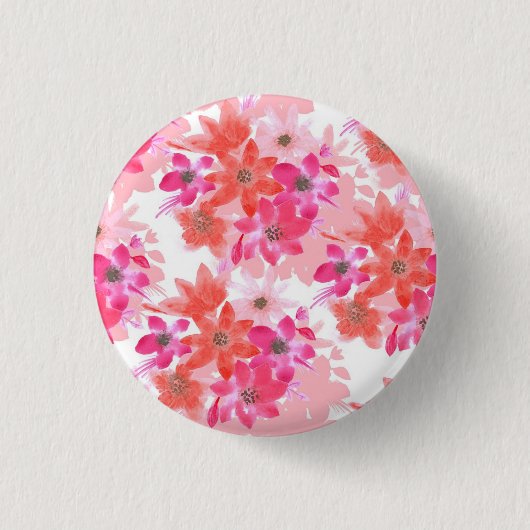 水色モダンピンクの花 缶バッジ (正面)