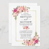 水色モダンピンクフローラ金ゴールドフレ結婚ーム 招待状 (正面/裏面)
